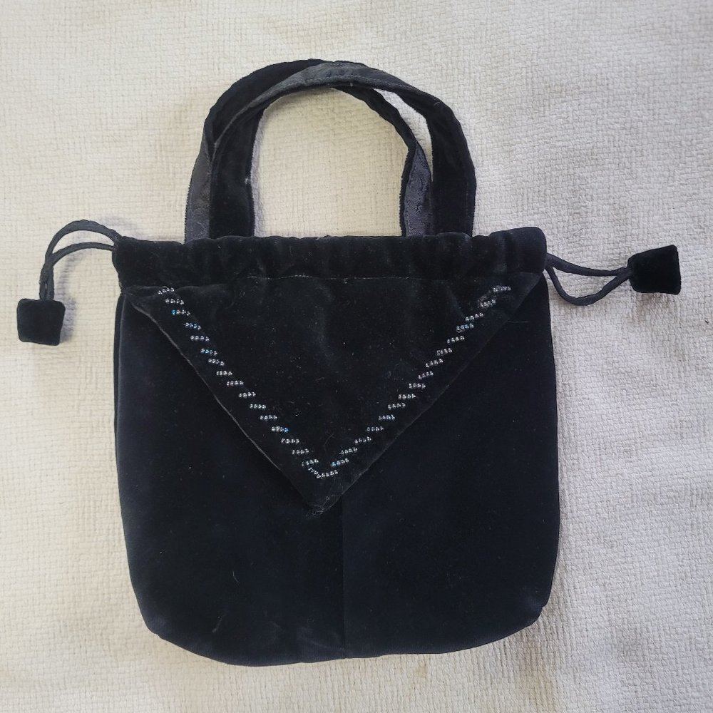 Black Velvet Drawstring Purse/Tote - Paisley/Velvet Lining Handmade